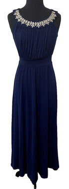 Sandiva Womens Jeweled Neckline Maxi Dress Size Small Navy Glamorous Formal Gown